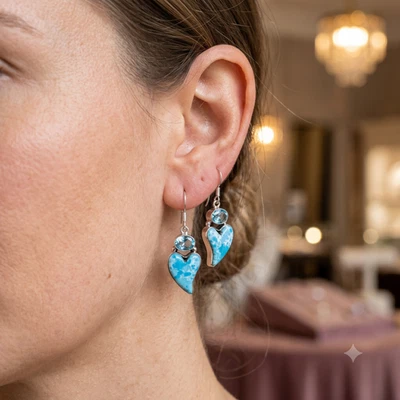 Sterling Silver December Birth Genuine Blue Turquoise Dangle Earrings Jewelry - Image 1 of 4