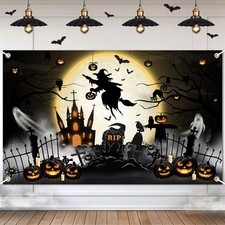 Halloween Backdrop Black Moon Night Halloween Banner Spooky Castle Witch Ghost