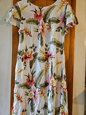 Two Palms Floral Hawaiian Tropical Rayon Midi A-Line Dress L Button Round Neck