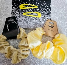 Yellow Scrunchie Set, Khaki Velvet  Satin Scrunchies, Snap Barrette,Girls Women