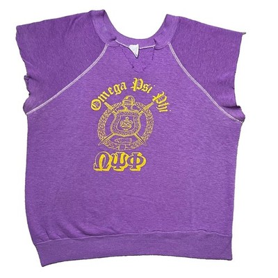 Vintage Omega Psi Phi Fraternity Cut Sleeve Sweatshirt Purple Gold Distressed LG