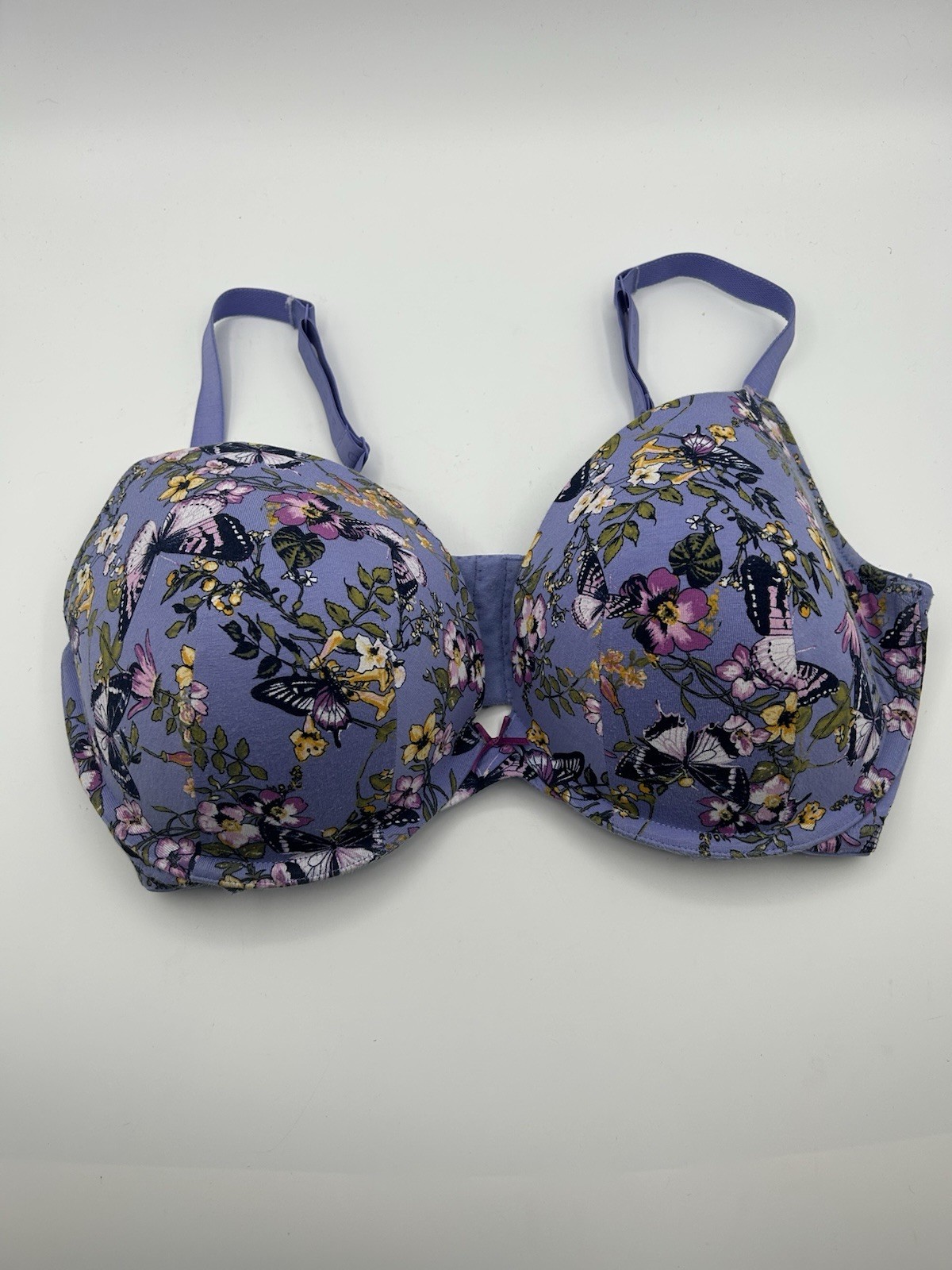 Cacique Cotton Boost Plunge Bra Sz 38F Blue Lavender Butterfly Underwire Push Up