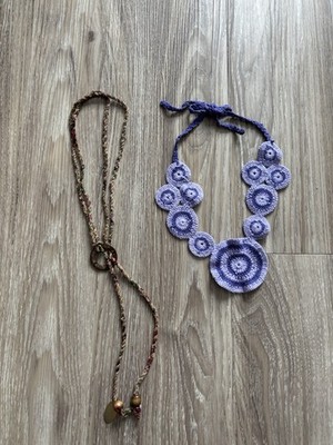 Long Crochet Necklace & Shorter Purple Circles Boho Choker Woman Lot OF 2 Hippie