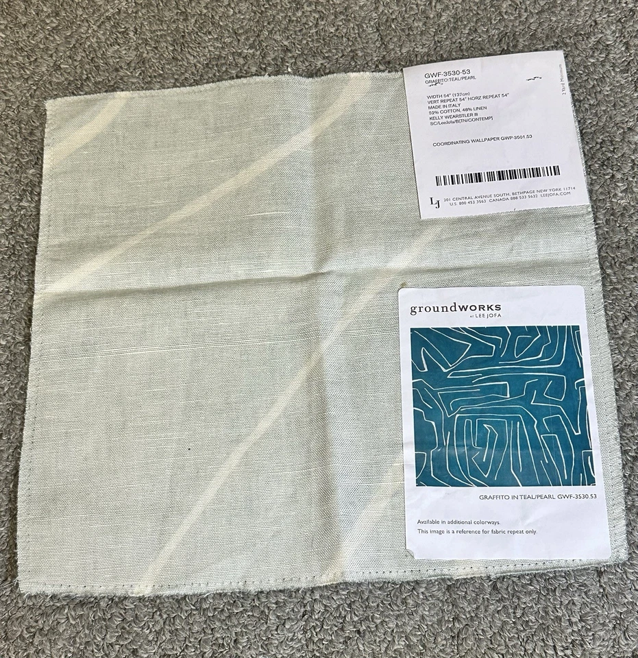 Lee Jofa Fabric Sample Remnant Graffito Teal Pearl 12” Kelly Wearstler Crafts  - Image 4 of 4