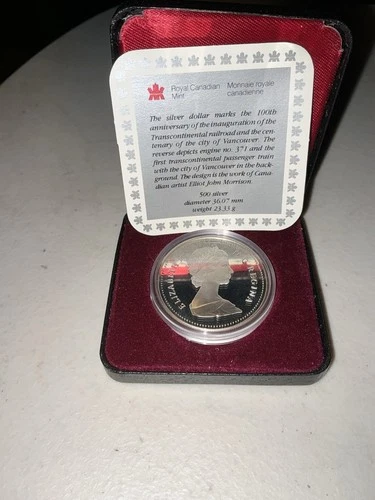 1986 CANADIAN DOLLAR PROOF VANCOUVER TRAIN .500 SILVER COIN WITH BOX & CoA