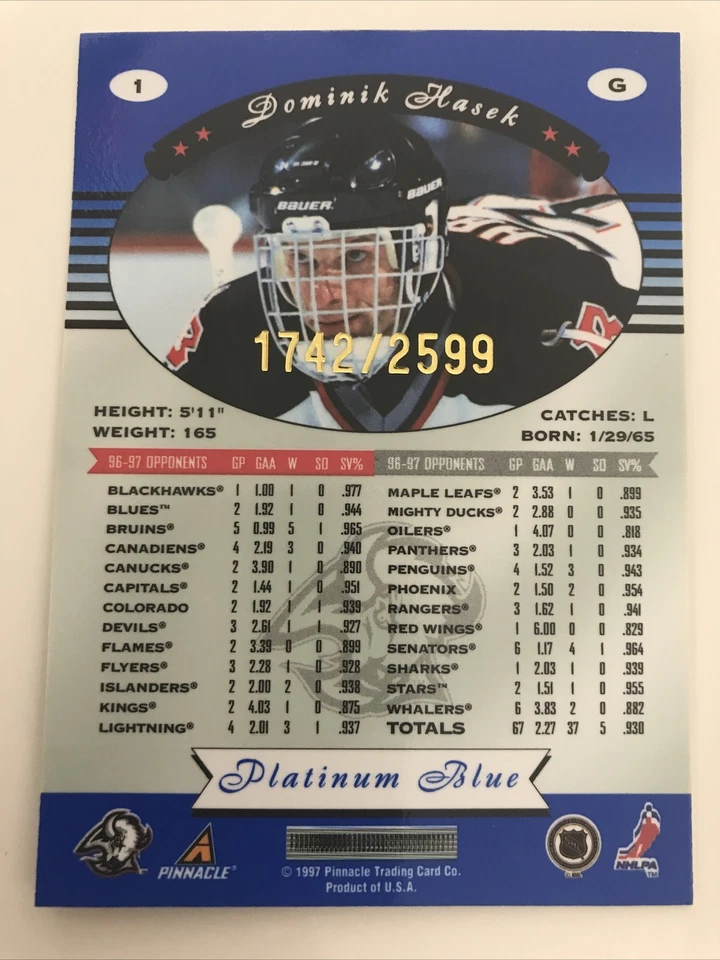 1997-98 Pinnacle Totally Certified Dominik Hasek #1 Platinum Blue /2599 - TCCCX - Image 2 of 2