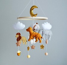 Handmade Felt Safari Baby Mobile - Neutral Nursery Decor - Lion Elephant Giraffe
