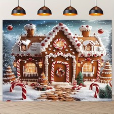1pc Merry Christmas Gingerbread House Banner - Festive Snowy Street Scene with C