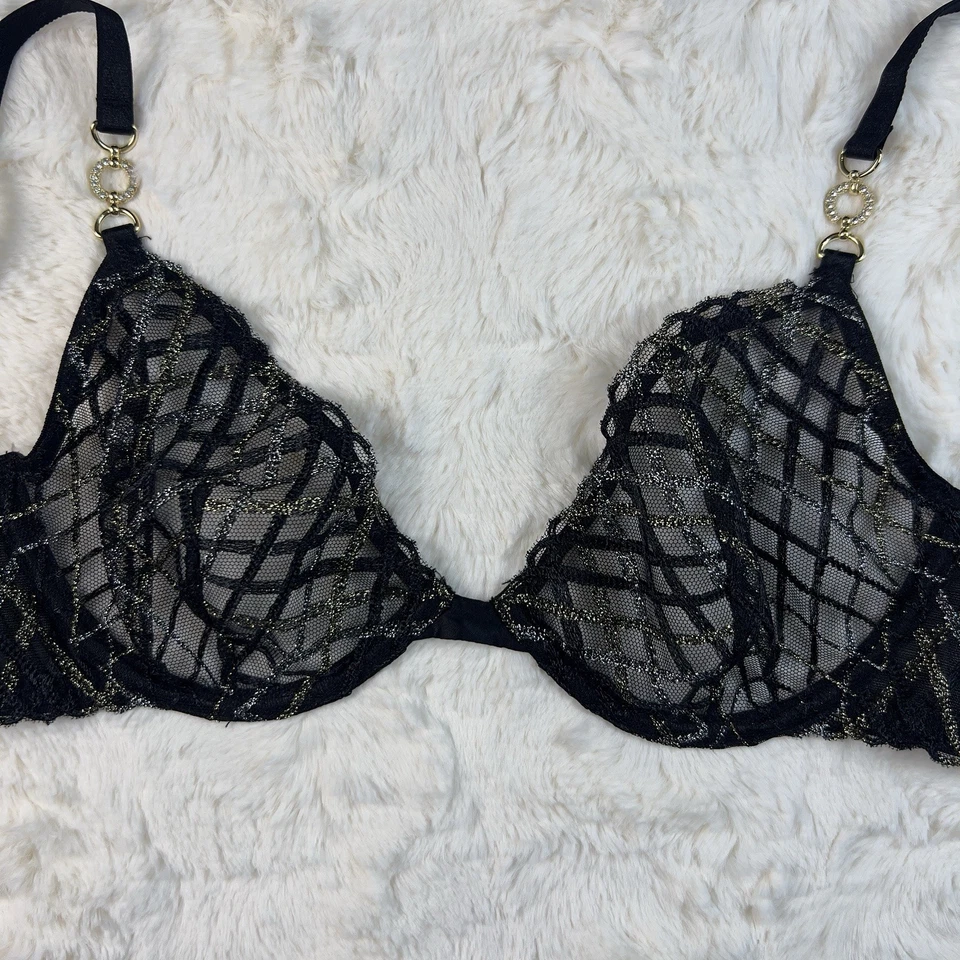 Sujetador Victoria's Secret Negro Oscuro Malla Encaje Brillante Demi 34C Detalle Dorado Nuevo con Etiquetas Foto 3 de 4