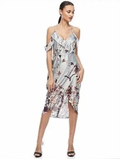 MissGuided Dress 8 Midi Cold Shoulder Silver Grey Floral Botanical Date Wedding