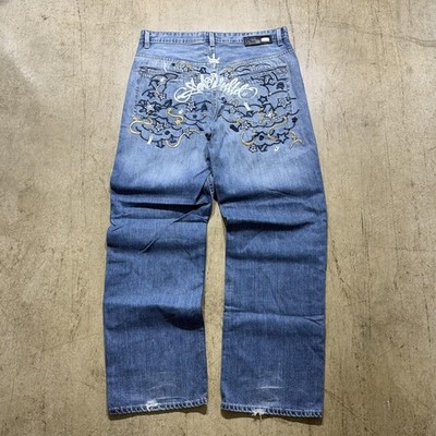 Ecko Unltd Jeans Mens 36x30 Blue Baggy Fit Wide Leg Embroidered Graphic Denim