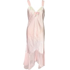 Vintage Lucie Ann Nightgown Pink Lace Trim Asymmetrical Sheer Hem Dress M