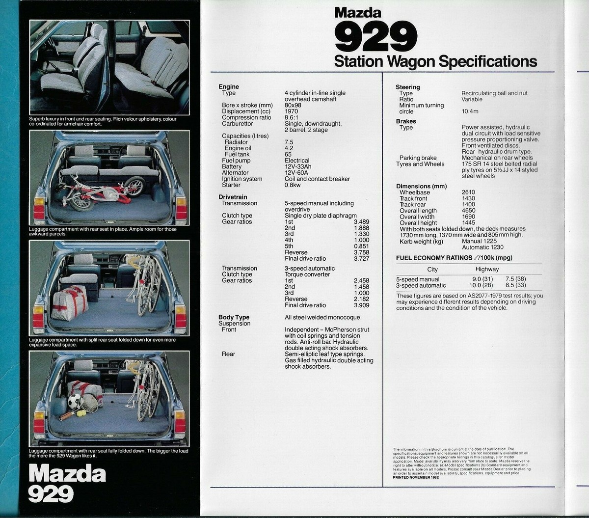 MAZDA 929 STATION WAGON 6 PAGE FOLDOUT + FLAP BROCHURE NOVEMBER