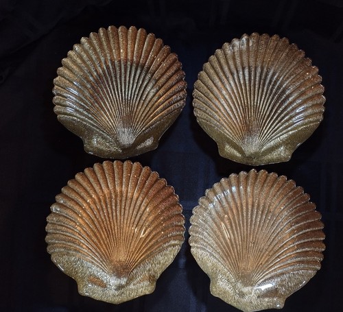 Vintage Golden Glass Scallop Shell Dish For Salads/Seafood/Trinkets/Soap, Set/4