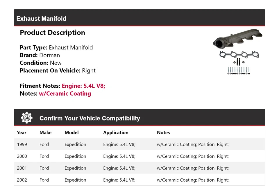 Colector de escape derecho para Ford Expedition 1999-2002 5,4 L V8 Dorman 2000 2001 Foto 2 de 4
