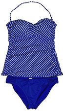 RALPH LAUREN Bathing Suit Tankini Halter Blue/White 2 Pc Set Sz Top 12 Bottom 10