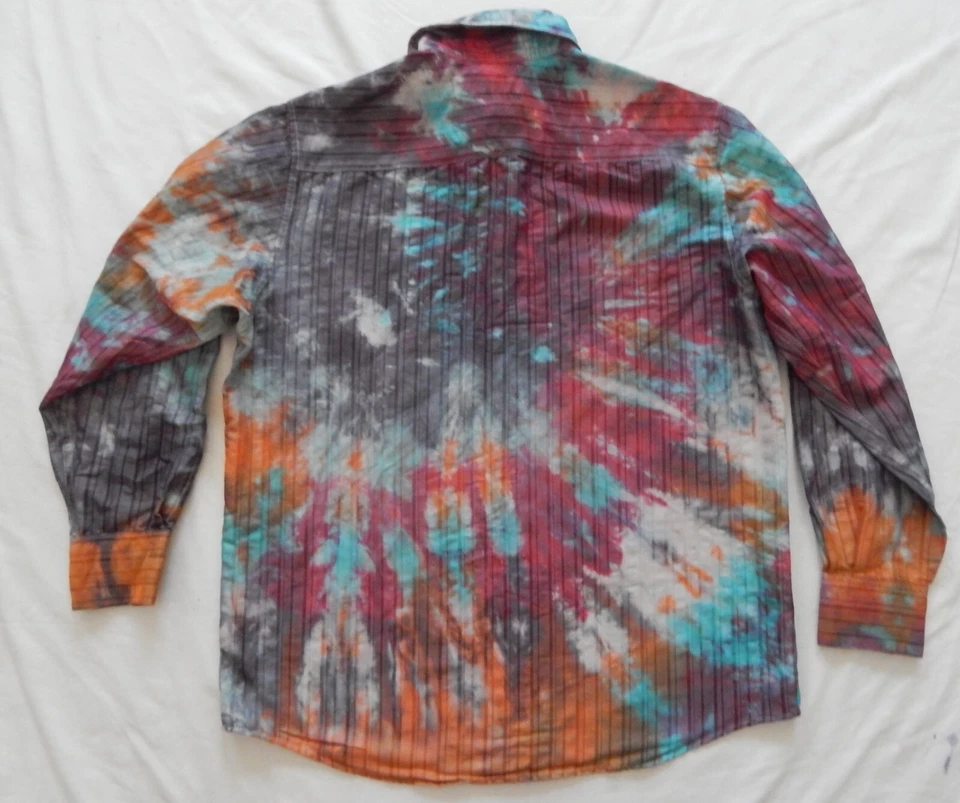 Camisa de vestir Tie Dye azul naranja negra manga larga abotonada - mediana para hombre rayón Foto 2 de 4
