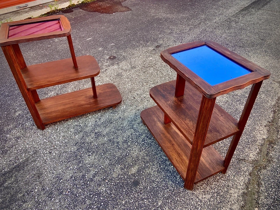 2 Art Deco Brown side End tables COBALT BLUE MIRROR Gorgeous Trim Patina - Image 4 of 4