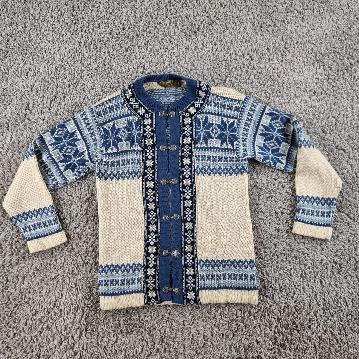 Nordstrikk Cardigan Womens Large Knit Wool Scandinavian Blue White J1 A5