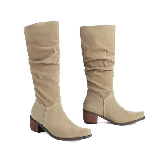 Round Toe Chunky Heel Slouch Suede Leather Womens Fashion Knee High Boots New - Bild 10 von 15