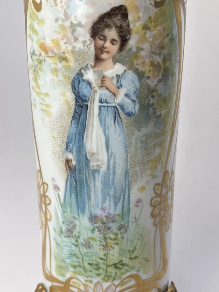 Jarrón antiguo retrato de porcelana Limoges niña victoriana en azul Guerin Francia Foto 3 de 4