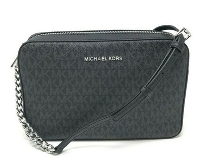 Michael Kors Jet Set East West Large Crossbody Black MK Signature Top Zip Bag