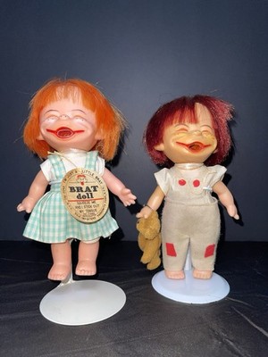 Vintage 1960s Brat Dolls Pair Parksmith Japan Squeeze Tongue Toy w/ Tag