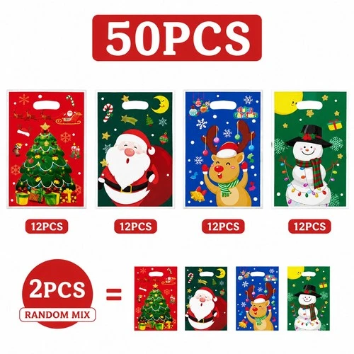 50pcs Christmas Gift Bags 25x16cm Santa Snowman Reindeer Party Treat Loot Bag UK