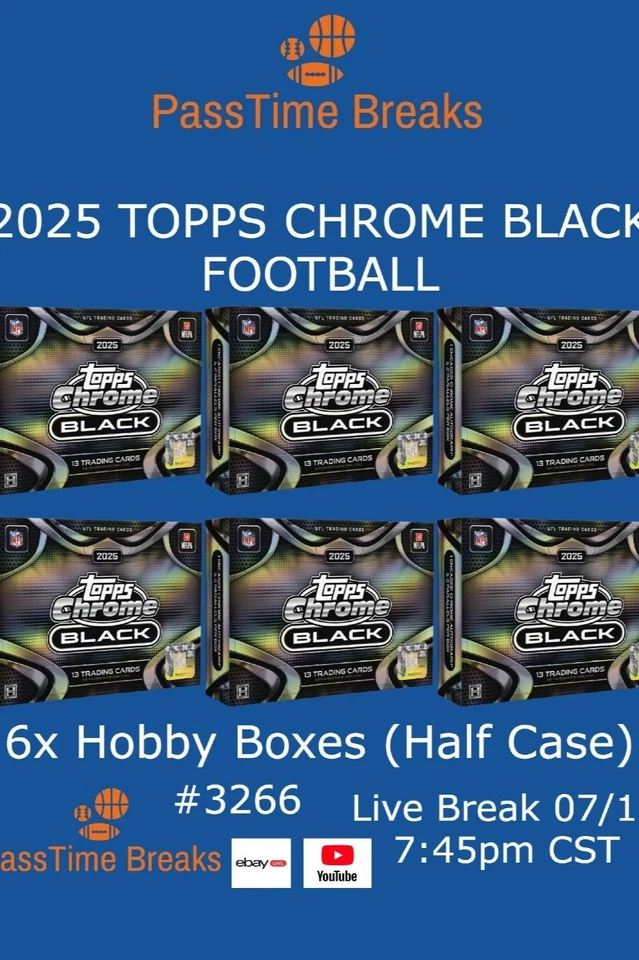 2025 TOPPS CHROME BLACK FOOTBALL - 6x Hobby Box - HALF CASE BREAK 3266