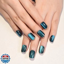 Peacock Blue Cat Eye Short Press on Nails Square, Blue Short Square Glue on N