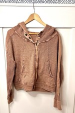 Brown Full Zip Knit Hoodie Women's Long Sleeve Sweatshirt with Pockets
