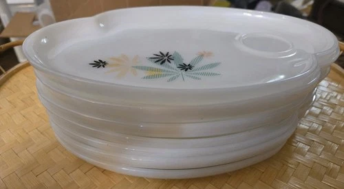 Set of 7 Vintage Retro Federal White Milk Glass Snack Plates MCM Atomic Flower