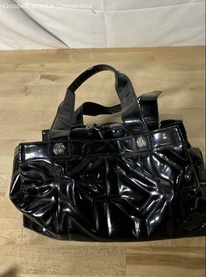 DKNY Black Patent Leather Quilted Satchel Tote Bag Silver Hardware