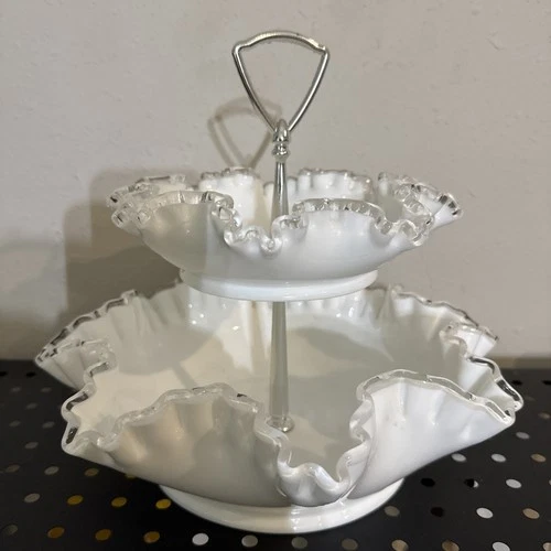 VTG FENTON MILK GLASS 2 TIER RUFFLED SILVER CREST SERVING BOWL