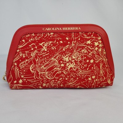 Carolina Herrera Cosmetic Bag Red Gold Music Notes Canvas Makeup Pouch Zipper