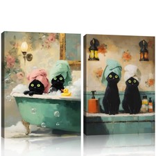 Framed Black Cat Bathroom Wall Art Set of 2 Funny Cat Canvas Prints for Bat...
