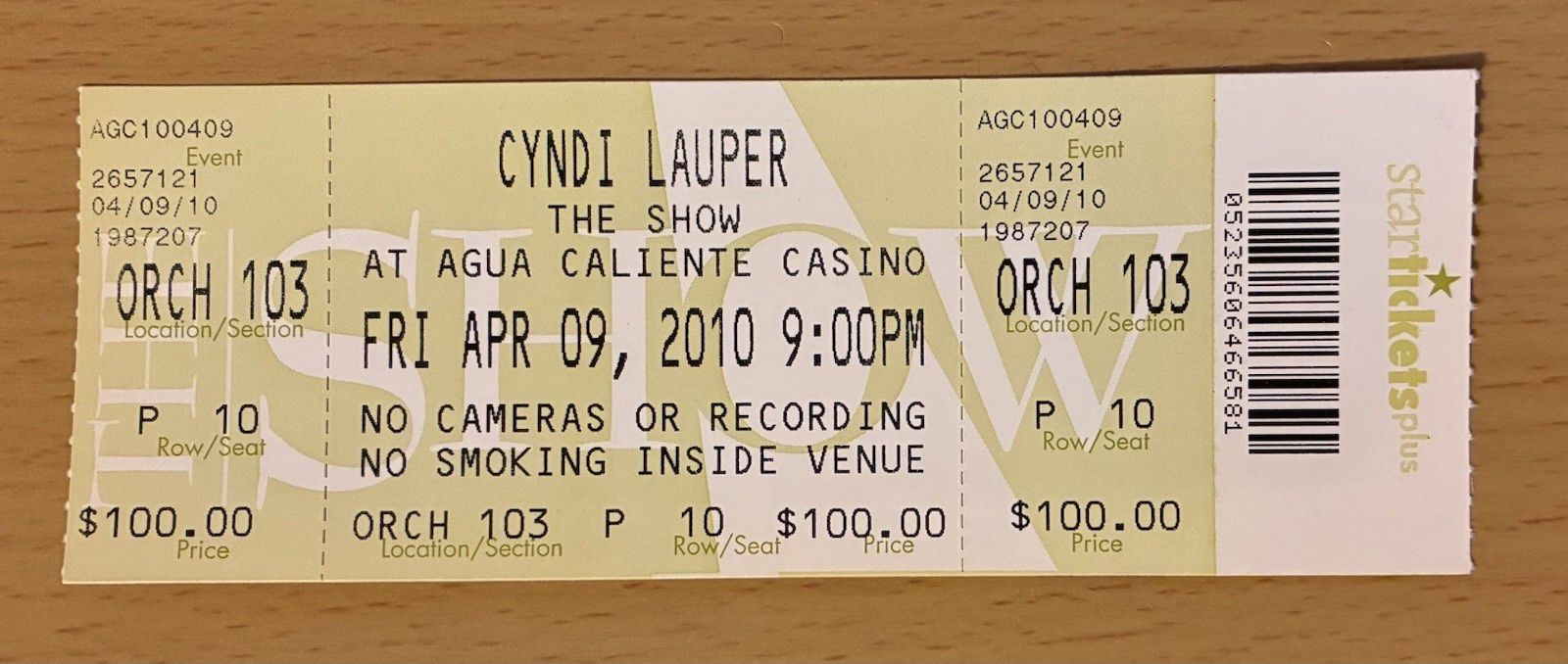 2010 CYNDI LAUPER RANCHO MIRAGE CA CONCERT TICKET STUB GIRLS JUST WANNA HAVE FUN