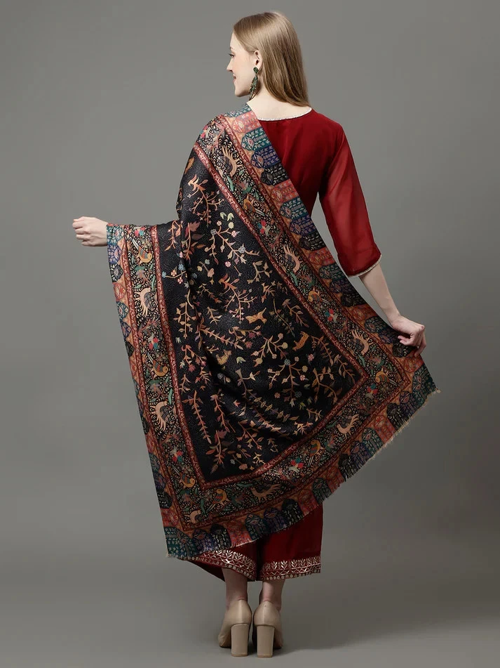 Mujer Talla Grande 100% Cachemira Lana India Manta Mantón Envoltura Paisley Bufanda Negro Foto 4 de 4