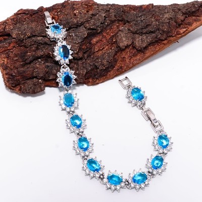 Blue Topaz, CZ 925 Sterling Silver Adjustable Bracelet 7-8'' B14129