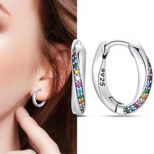 PANDACH 925 Sterling Silver Tiny Colorful CZ Huggie Hoop Earrings For Women Gift