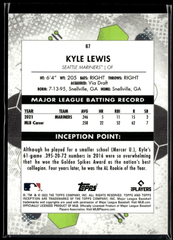 2022 Topps Inception #67 Kyle Lewis  BB01R02B - Image 2 of 2