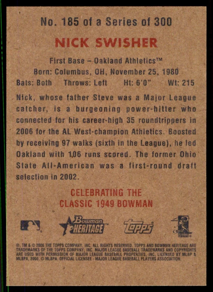 2006 Bowman Heritage Nick Swisher Oakland Athletics #185 - Image 2 of 2