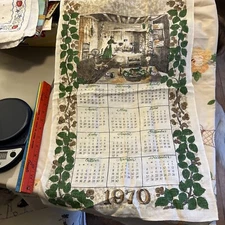 Linen 1970 Calendar Tea Towel Colonial Kitchen Fireplace Food Cat