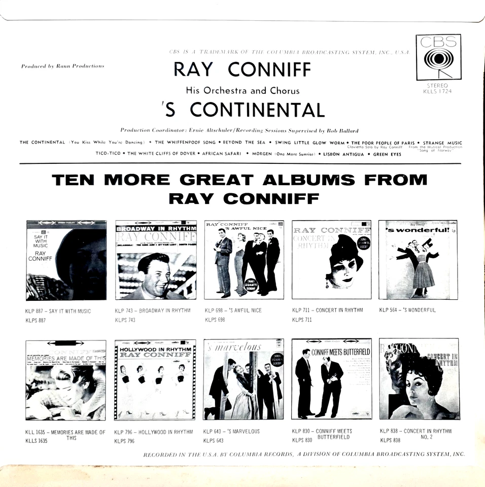 Ray Conniff & His Orchestra & Chorus–'S Continental LP 1962 Coronet KLLS 1724 - Image 3 of 3