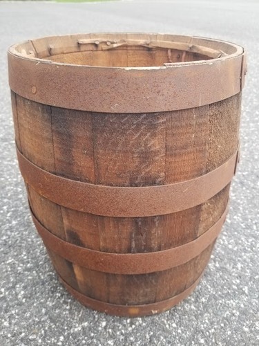 Antique Vintage Primitive 14" Wine Rum Wood Barrel Keg Cast Iron 4 Bands