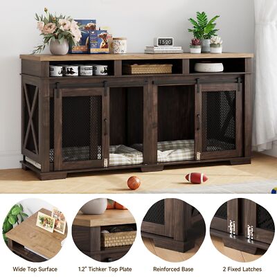 71'' Dog Crate Furniture, Wooden Double Dog Kennel Dog Cage w/Removable Divider
