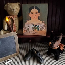 PRIMITIVE VICTORIAN VINTAGE FOLK ART NATIVE STYLE PORTRAIT GIRL HOLDS APPLE SIGN