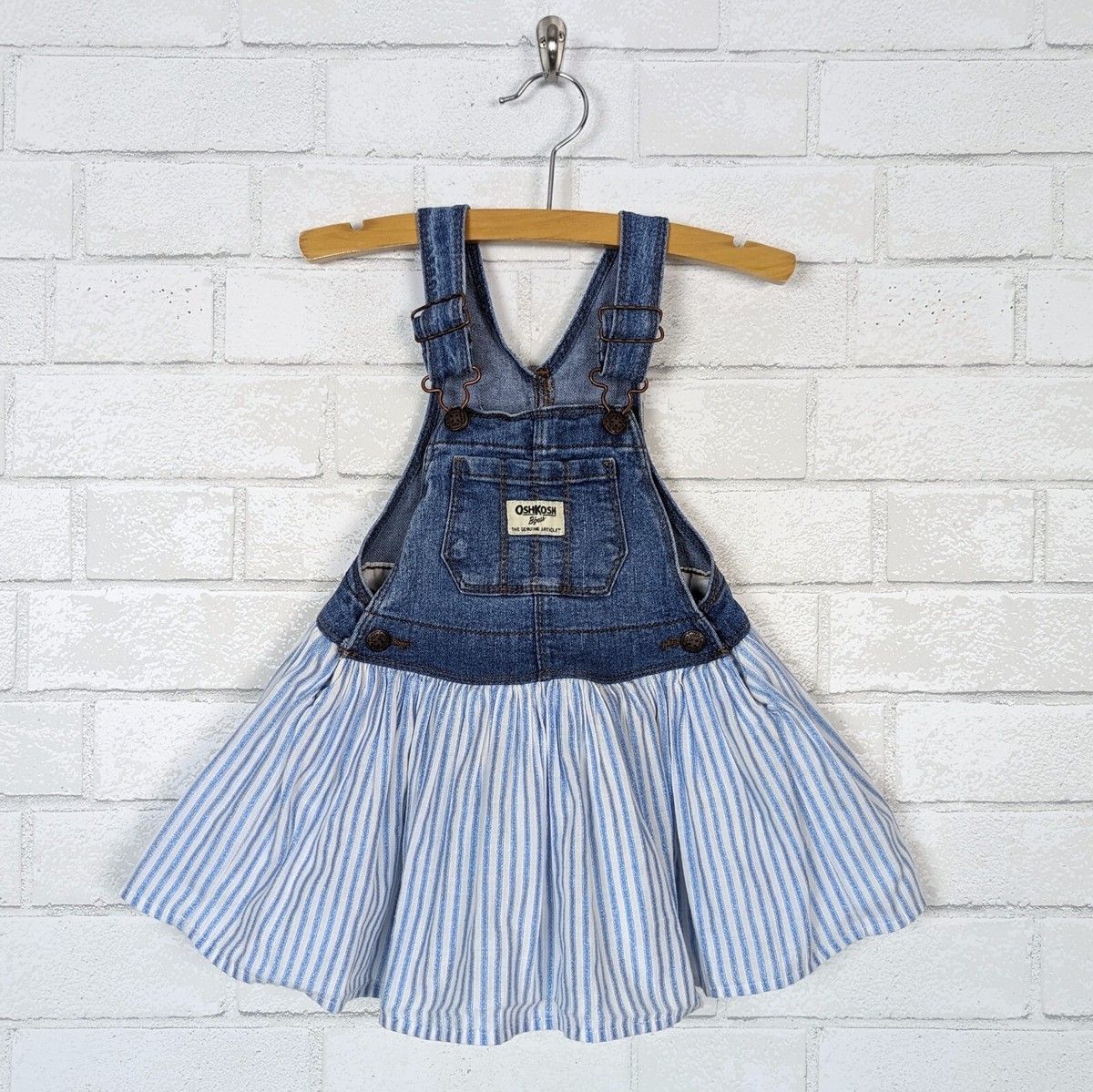 OshKosh B'Gosh Vestbak Denim Overalls Dress Blue Striped Bib Overall Dress  18M