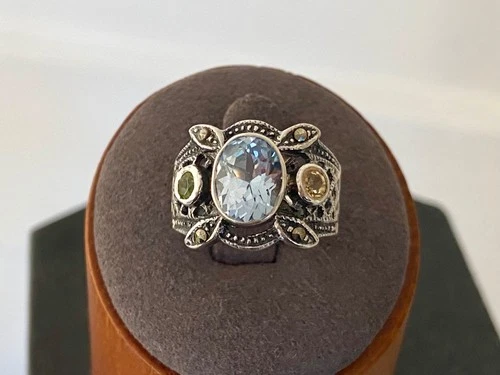 Vintage 925 Silver Ring Three Coloured Gemstones & Marcasite - UK Size O