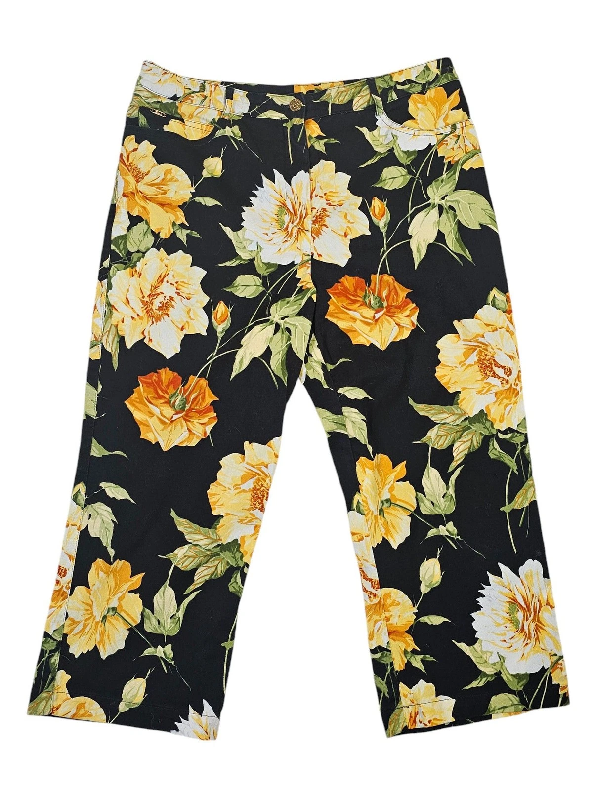 St. John Sport Rose Floral Capri Pants Size 12 Black Yellow